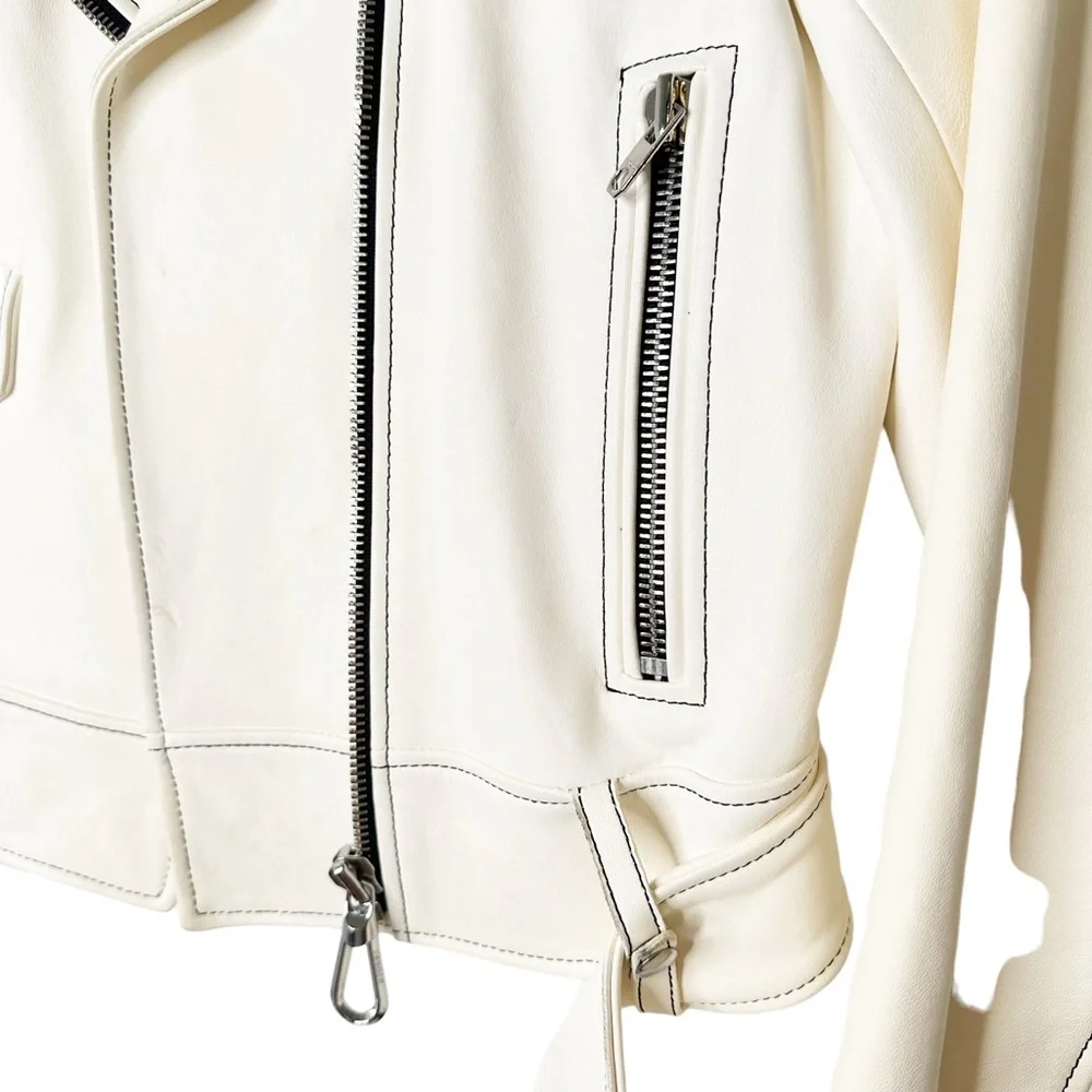 Sandro Edwin White Sheep Leather Cropped Motorcycle Jacket A1A Moto Size Small/6 - Picture 6 of 15